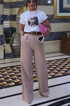 Chic 2023 Outfits, Summer Outfits 2023 Office Casual, Black Satin Dress And Sneakers Outfit, Blush Wide Leg Pants Outfit, Melanin Outfits Summer, Long Flare Pants Outfit, Womens Orange Pants Outfit, Boss Babe Looks, Cute Outfits Summer Work