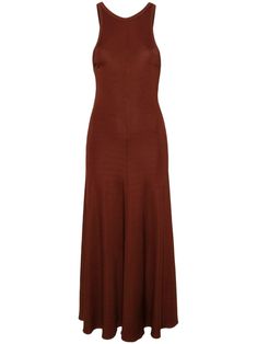 chocolate brown stretch-jersey fine ribbed crew neck racerback drop armholes flared full-length Brown Maxi Dress With Side Slits, Peter Pan Dress, Chic Maxi Dresses, Ribbed Maxi Dress, Ribbed Dress, Fringe Skirt, Ribbed Dresses, Ribbed Fabric, Vintage Chic