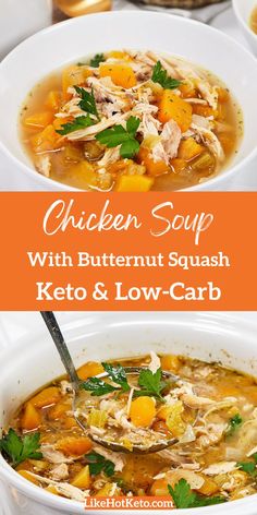 chicken soup with butternut squash, keto and low - carb in a white bowl