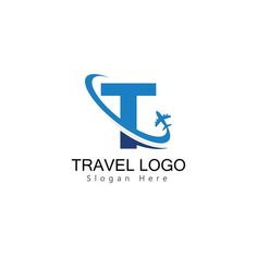 the letter t with an airplane flying above it logo design template, travel company emblem