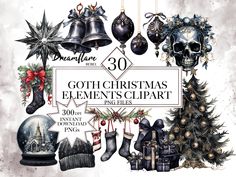 an image of christmas ornaments and decorations with the words goethic christmas elements clipart