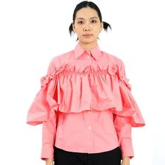 MM6 Ladies Tops. Fashion category: Shirts & Blouses. SKU: S32DL0250-S47294-250. Color: Rose. Mm6 Ladies Rose Ruffle Panel Shirt. This cotton shirt features ruffled detailing, classic collar, long sleeves and front button fastening. Made in Italy. Cotton 100%. Size: 2.  Color: Pink.  Gender: female.  Age Group: adult.