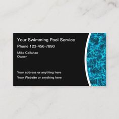 a business card for swimming pool service with blue water and black border on the front