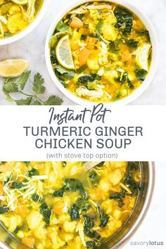 two bowls of instant pot turment ginger chicken soup with lemons and cilantro