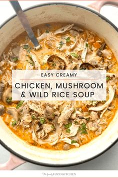 chicken, mushroom and wild rice soup in a white bowl with the title overlay