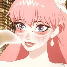 a woman with pink hair and blue eyes in front of a large cityscape