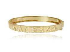 This Custom Name Bracelet is crafted with 100% pure 14K solid gold, and set with genuine conflict-free diamonds. The bangle is 6mm wide and can accommodate up to 10 letters. Simply specify the initials in the personalization box. This gorgeous bracelet arrives in a stylish gift box ready for gift-giving. ✪ MATERIAL * 14K Solid Gold (Stamped 14K for Purity Authenticity) * Genuine, conflict-free diamonds and natural stones * Offered in 14k Yellow, Rose, and White Gold * Bangle Width - 6mm * Can be Initial Bangle Bracelet, Delicate Gold Jewelry, Bracelet With Charms, White Gold Bangle, Bracelet Size Chart, Fine Gold Jewelry, Fine Diamond Jewelry, Gold Chain Jewelry, Bangle Bracelets With Charms