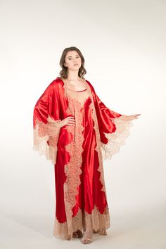 This set includes 1 robe, 1 nightgown, 1 tie. About the Robe: ankle length, wrap-over style, with two sets of inside ties. One tie is included, wraps over the waist once, and ties in the front, back, or side. About the Nightgown: comfy style, shoulder straps tie on the shoulder, easy length regulation. Material Composition: polyamide 60%, viscose 20%, polyester 10%, silk 7%, elastane 3% Nightgown Silk, Fancy Robes, White Bridal Robe, Robes Silk, Nightgown And Robe, Fire And Desire, Nightgown Set, Red Luxury, Luxury Robes