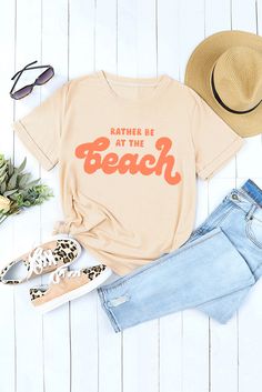 Khaki Rather Be At The Beach Letters Crew Neck Tee Beach Letters, Swimwear Plus Size, Tops Graphic, Pumpkin Spice Season, Affordable Fashion Women, Graphic Style, Top Graphic Tees, Women Tops, Crew Neck Tee