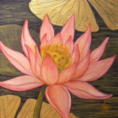 a painting of a pink flower with leaves on the bottom and yellow wings above it