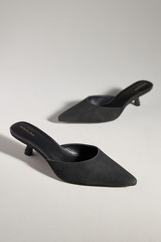 The Wilda features a kitten heel and mule silhouette with a pointed toe - it'll quickly become your fall go-to staple. | Wilda Kitten-Heel Mules by Reformation in Black, Women's, Size: 5, Leather/Plastic/Rubber at Anthropologie Mule Kitten Heels, Kitten Heels Aesthetic, Mule Silhouette, Jeweled Bag, The Reformation, Black Kitten Heels, Heel Mules, Candles For Sale, Fall Shoes