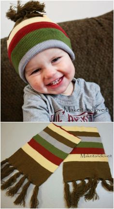 a baby wearing a knitted hat and scarf on top of a brown couch next to an image of a smiling toddler