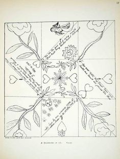 an old book page with flowers and leaves on it, in the center is a drawing of