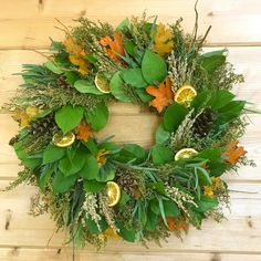 Citrus Harvest Wreath - Creekside Farms Stunning fresh eucalyptus & salal with citrus slices, pine cones, broom corn & leaves wreath 20 & 22 Herb Wreath, Citrus Slices, Broom Corn, Classic Wreath, Dried Wreath, Willow Wreath, Fresh Eucalyptus, Door Entryway, Harvest Wreath