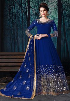 Embroidered Georgette Abaya Style Suit in Royal Blue Abaya Mode, Mirror Work Dress, Wedding Salwar Kameez, Long Anarkali, Designer Anarkali Suits, Salwar Kamiz, Designer Anarkali, Utsav Fashion, Anarkali Gown