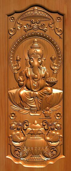 an intricate carved wooden door with a buddha image on the front and side paneling