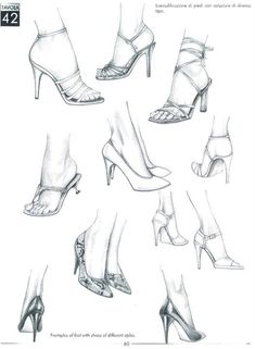 various types of women's high heeled shoes and footwear, all drawn in pencil