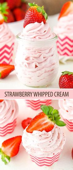 strawberry whipped cream in a glass jar with strawberries on the side, and another photo showing