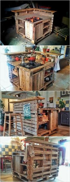 some wooden crates are stacked on top of each other