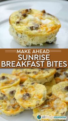 Close-up of make-ahead sunrise breakfast bites served on a white plate, featuring fluffy eggs, melted cheese, and sausage pieces. Additional breakfast bites are visible in the background.