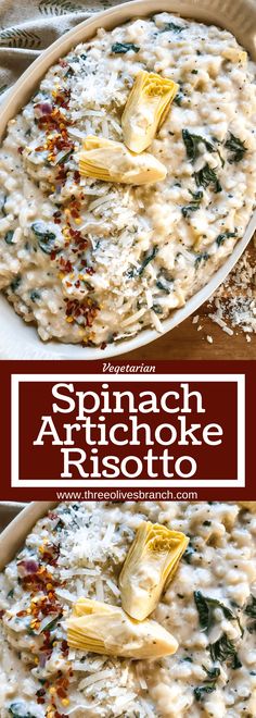 spinach artichoke risotto in a white bowl with text overlay