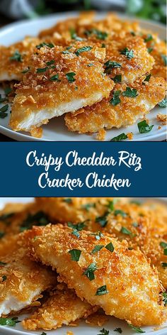 crispy cheddar rits cracker chicken on a white plate with parsley