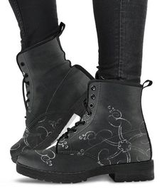 All of our Women's Leather Boots are custom-made-to-order and handcrafted to the highest quality standards.*Features vegan-friendly leather with a double-sided print and rounded toe construction.*Lace-up closure for a snug fit.*Soft textile lining with sturdy construction for maximum comfort.*High-quality rubber outsole for traction and exceptional durability.Please allow 10-12 days to receive a tracking number while your order is hand-crafted, packaged and shipped from our facility. Estimated s Handmade Black Boots With Round Toe, Black Ankle-high Boots For Festival, Black Ankle-high Festival Boots, Handmade Casual Boots With Round Toe, Bohemian Black Ankle Boots, Vegan Boots Women, Cowgirl Boots Black, Bohemian Boots, Hippie Boots