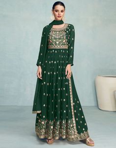 "Effortless elegance in green! 🌿✨ This stunning georgette palazzo salwar is a perfect blend of comfort and style. Step out with confidence and grace, making a statement wherever you go. 💚 #ArabicAttire #GeorgettePalazzoSalwar #GreenBeauty #FashionGoals #ElegancePersonified #ComfortAndStyle #StylishAndChic" Georgette Palazzo, Georgette Anarkali, Modest Evening Dress, Georgette Dupatta, Georgette Tops, Palazzo Suit, Readymade Saree, Embroidery Top, Anarkali Suit