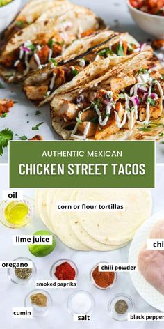 mexican chicken street tacos with ingredients labeled in the top left corner and bottom right corner