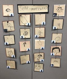 a bulletin board with drawings and magnets attached to it's sides that say self - portrait