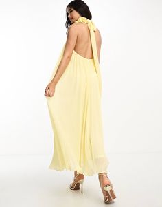 ASOS DESIGN corsage high neck plisse maxi dress with tie back detail in buttermilk | ASOS Pleated Backless Maxi Dress, Yellow Halter Neck Maxi Dress For Evening, Chic Yellow Backless Maxi Dress, Fitted Yellow Maxi Dress With Tie Back, Yellow Backless Maxi Dress For Spring, Spring Evening Maxi Dress With Pleated Back, Spring Maxi Dress With Pleated Back, Yellow Halter Neck Maxi Dress For Spring, Chic Yellow Halter Neck Maxi Dress