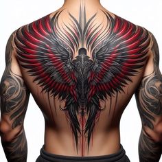 the back of a man with tattoos on his body and wings painted on it's chest