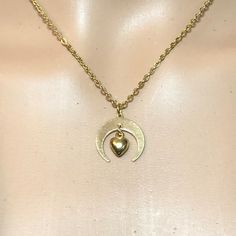 public day collar Submissive Original gold stainless steel chain & 18kt gold over brass celestial crescent moon w/solid 3D heart pendant 3d Heart