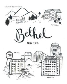 a black and white drawing of a city with the word bethe written in it