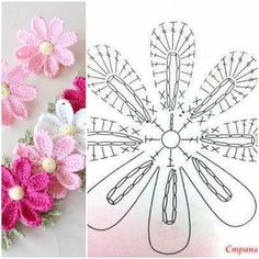 crochet flowers are shown in two different pictures, one is pink and the other is white