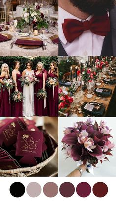 a collage of burgundy and gold wedding colors