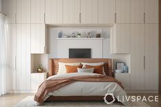 a bedroom with white and brown bedding, wooden headboard and shelves on the wall