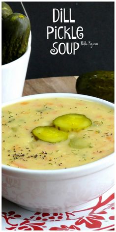 dill pickle soup in a white bowl on a table