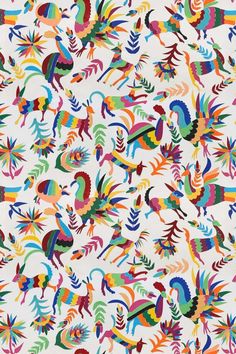 an image of colorful birds and leaves on a white background for wallpaper or fabric