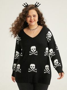 Halloween Elastic Cuffs Skull Print Pullover Skull Pattern, Trendy Sweaters, Wildfox Couture, Drop Shoulder Sweaters, Goth Outfits, Skull Print, White Label, Print Pullover, Pocket Dress