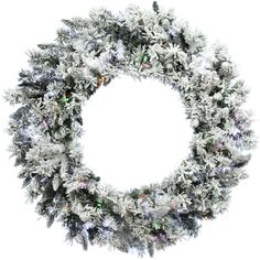 a white christmas wreath with silver and green tinsels on the edges, isolated against a white background