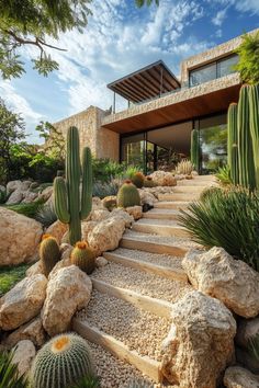 a house with cactus and rocks in the front yard, as well as stairs leading up to it