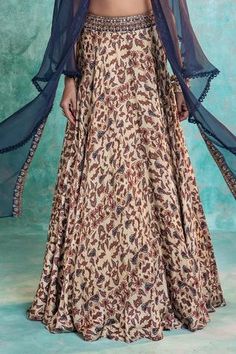 Shop for Ridhima Bhasin Beige Satin Printed Lehenga And Cape Set for Women Online at Aza Fashions Beige Lehenga, Ridhima Bhasin, Sheer Cape, Cape Set, Printed Lehenga, Cape Style, Embroidered Dupatta, Open Sleeve, Embroidered Neckline