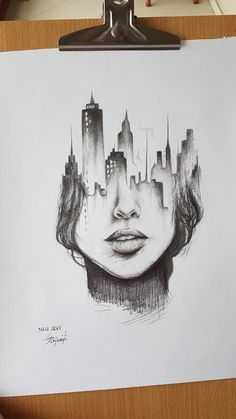 a drawing of a woman's face in front of a cityscape with skyscrapers