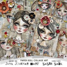 paper doll collage art junk journal page pack featuring two girls with flowers in their hair