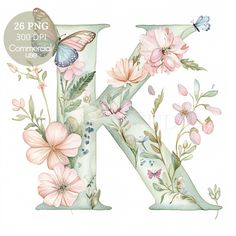 the letter k with flowers and butterflies is painted in pastel blue, green, pink and white