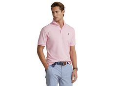 Polo Ralph Lauren Classic Fit Soft Cotton Polo Shirt - Men's Clothing : Carmel Pink : Style and comfort reign supreme in this Polo Ralph Lauren Classic Fit Soft Cotton Polo Shirt. This classic-fit polo is crafted from a soft, premium cotton knit for effortless weekday-to-weekend wear. A Classic-Fit shirt in a comfortable, relaxed silhouette. Ribbed fold-over collar. Short sleeves with trim. Three-button placket front. Signature embroidered pony at left chest. Straight hem with side vents. 100% c Classic Pink Polo Shirt, Classic Spring Polo Shirt For Golf, Spring Business Casual Polo Shirt, Classic Polo Shirt For Spring, Classic Polo Shirt For Business Casual In Spring, Spring Cotton Polo Shirt With Spread Collar, Spring Casual Polo Shirt For Business Casual, Casual Spring Polo Shirt For Business Casual, Spring Business Casual Cotton Polo Shirt