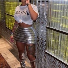 Silver Metallic Brand New Bubble Skirt Mini Skirt Party, White Short Sleeve Tops, Straight Clothes, Black And White Shorts, Suede Mini Skirt, Bubble Skirt, Sleeves Clothing, Women T Shirts, Body Con Skirt