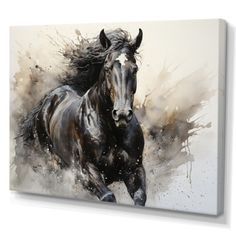 a painting of a black horse running in the wind