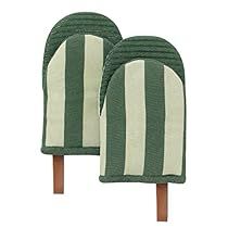 pair of green and white striped oven mitts